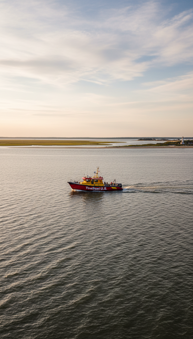 A panoramic, eye-level view of the Delaware Bay near Cape May, with sunlit waves glistening and a distinctive bright TowBoatU.S. rescue vessel navigating calmly across the water. The scene is framed by distant marshlands and iconic shoreline, under a vast sky streaked with soft clouds. Gentle afternoon light bathes the bay and boat, creating reflective surfaces and a peaceful, expansive mood. The composition uses rule of thirds, balancing natural beauty with the vibrant, branded vessel. The overall style is photographic realism with crisp clarity and subtle color enhancement.