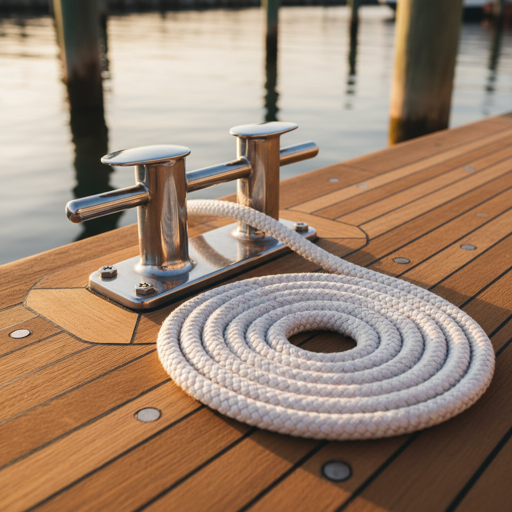 A close-up of a highly polished stainless steel cleat mounted on the teak deck of a rescue towboat, thick braided nylon tow line expertly coiled neatly beside it. The deck glows warmly in soft golden hour lighting, casting long, gentle shadows and highlighting the rich natural textures of the wood and the metallic sheen of the cleat. In the background, blurred outlines of calm harbor waters and dock pilings establish a tranquil, yet purposeful mood. Captured from a low, intimate perspective, this clean, modern image conveys dedication to detail and marine expertise.