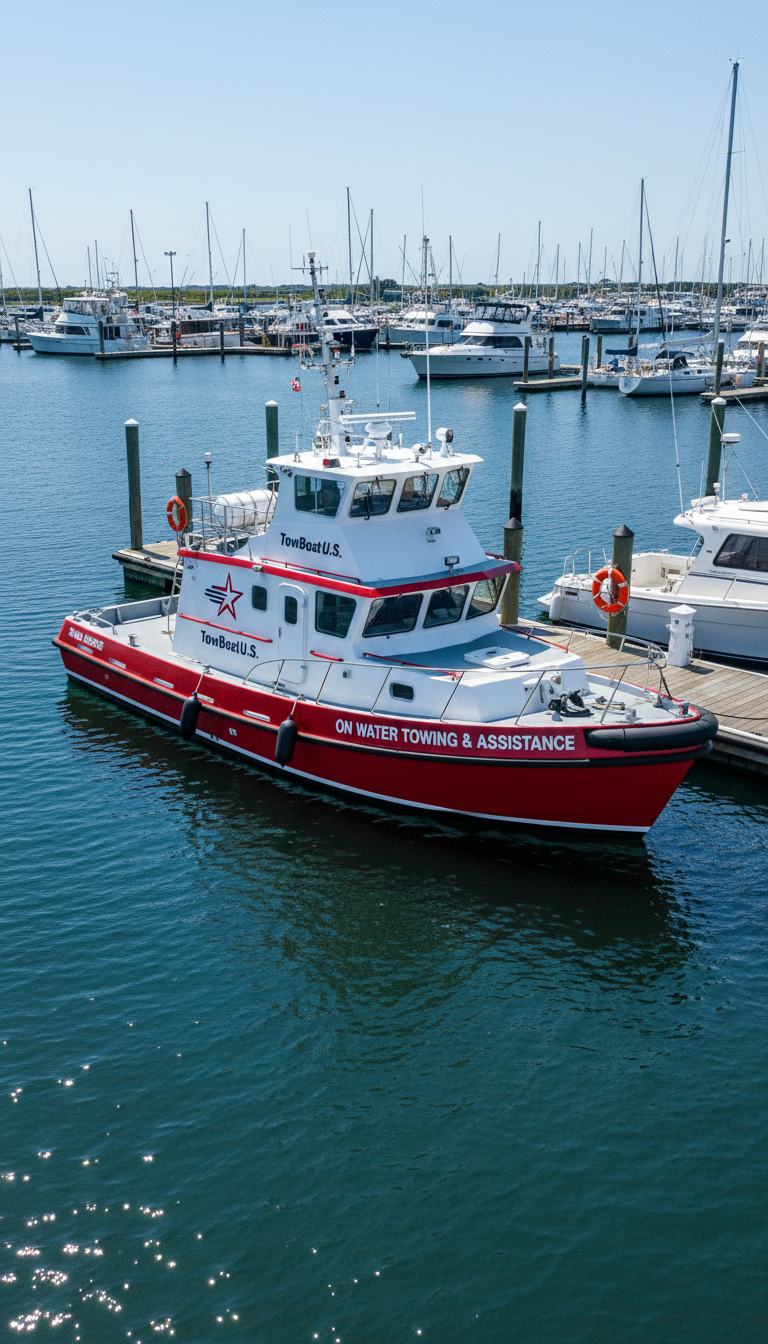 A vibrant red and white TowBoatU.S. rescue towboat with crisp, detailed hull graphics sits securely moored at a bustling Cape May marina, its fiberglass surfaces gleaming under bright midday sunlight. The water around reflects deep blues and gentle ripples, with distant docks lined with other marine vessels and life preservers adding authentic waterfront detail. The composition uses a slightly elevated angle, providing a dynamic, inviting view while keeping the towboat as the clear focal point. Sharp focus captures every nuance, evoking a sense of reliability and professionalism in a clean, photographic realism style—perfectly complementing a marine towing service website.